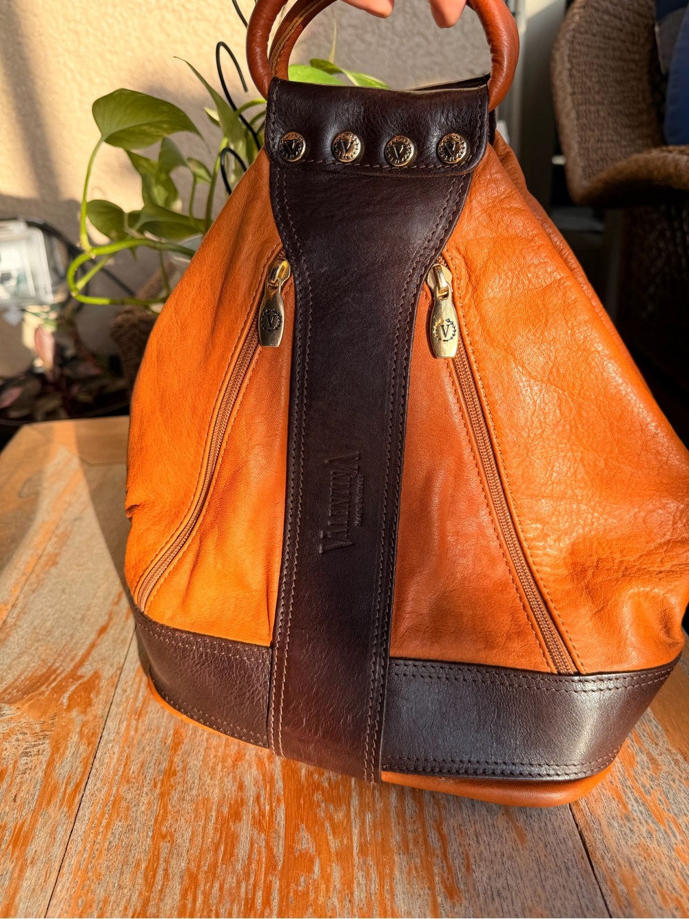 Valentina Orange Brown Leather Handbag Double Handle 4 Zip Satchel Purse Italy